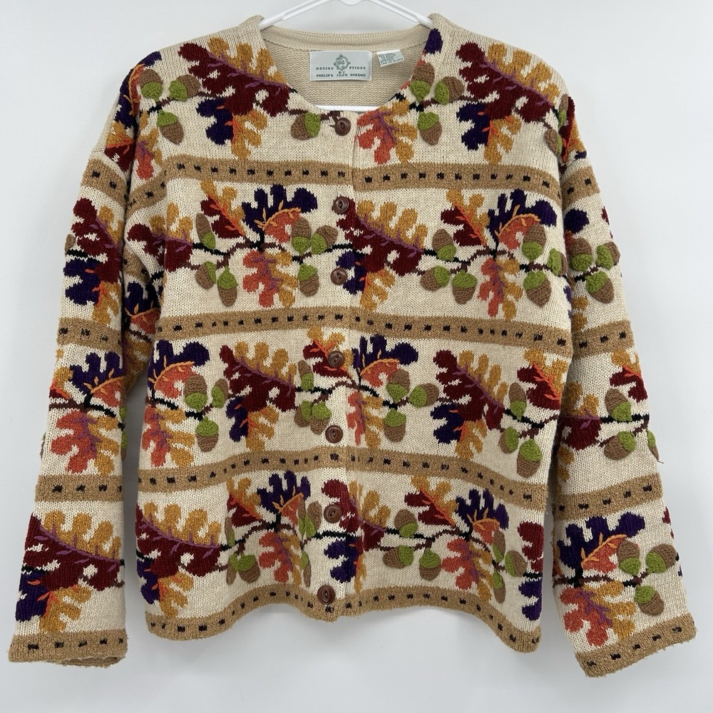 VTG Design Options by Philip & Jane Gordon Crochet Cardigan Sz L Leaves Acorns